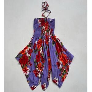 Vtg 90s Colorful Hawaiian Floral Halter Sun Dress / Aloha Fashion / Fairy Ruched